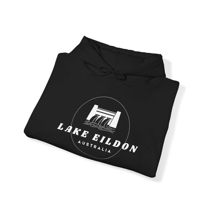 Lake Eildon Hoodie, Spillway in White on Black