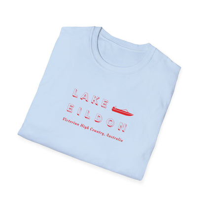 Lake Eildon Ski Boat T-Shirt, Red on Blue