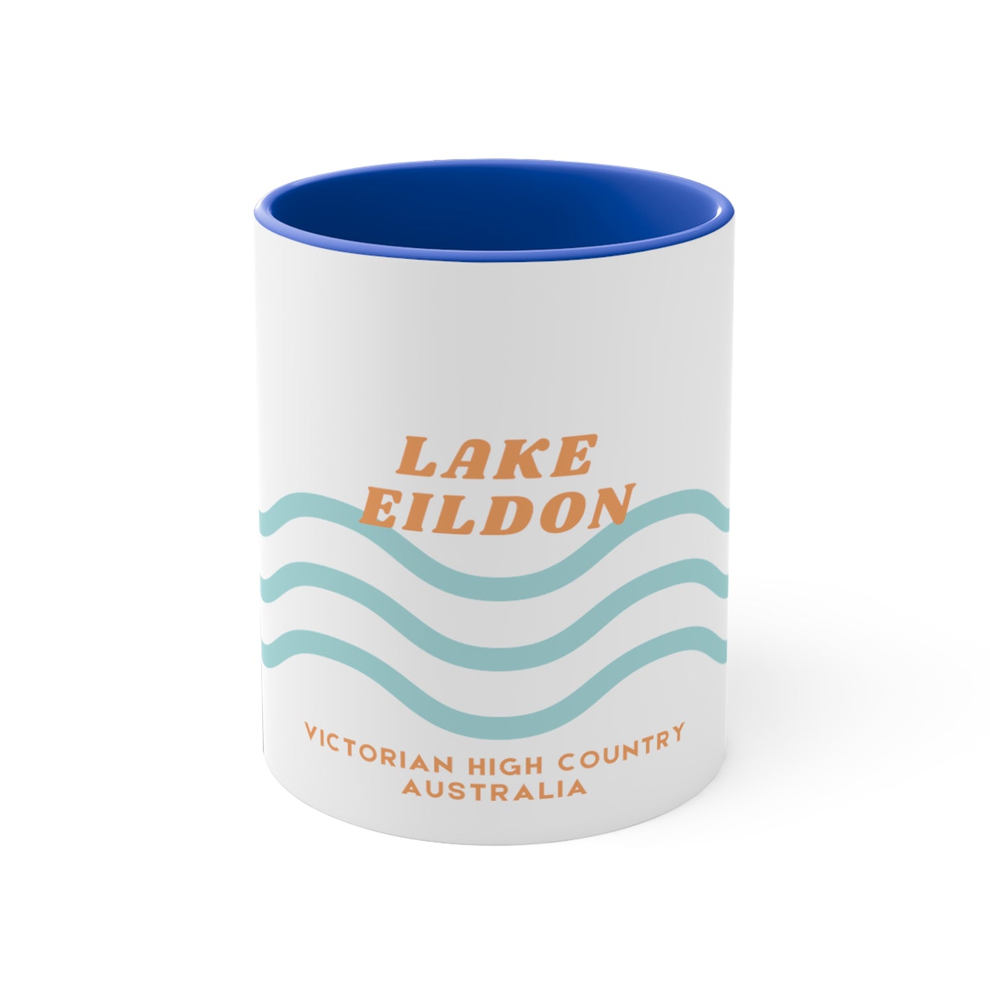 Lake Eildon colour contrast coffee mug, with orange and blue wave design