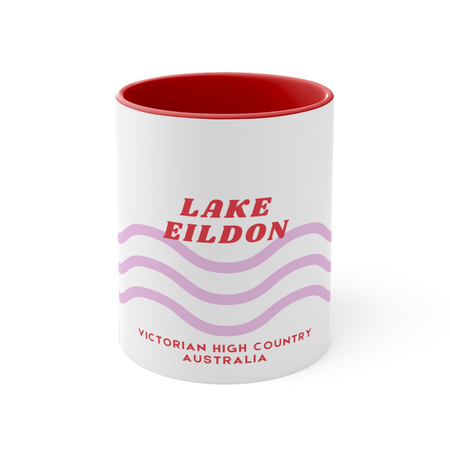 Lake Eildon colour contrast coffee mug, with pink and red wave design