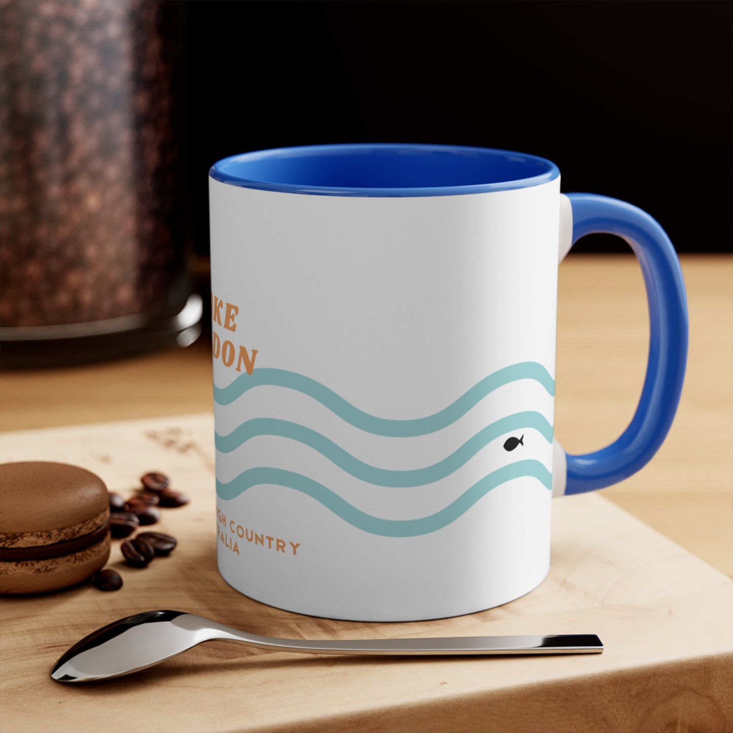 Lake Eildon colour contrast coffee mug, with orange and blue wave design