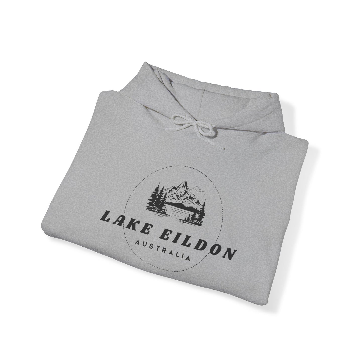 Lake Eildon Hoodie, Lake Scene in Black on Grey