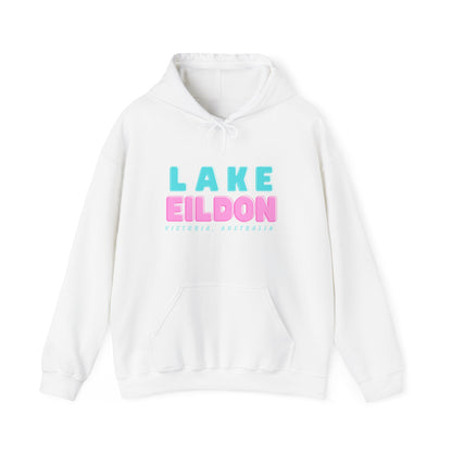 Lake Eildon Hoodie, Pastel Pink and Blue on White