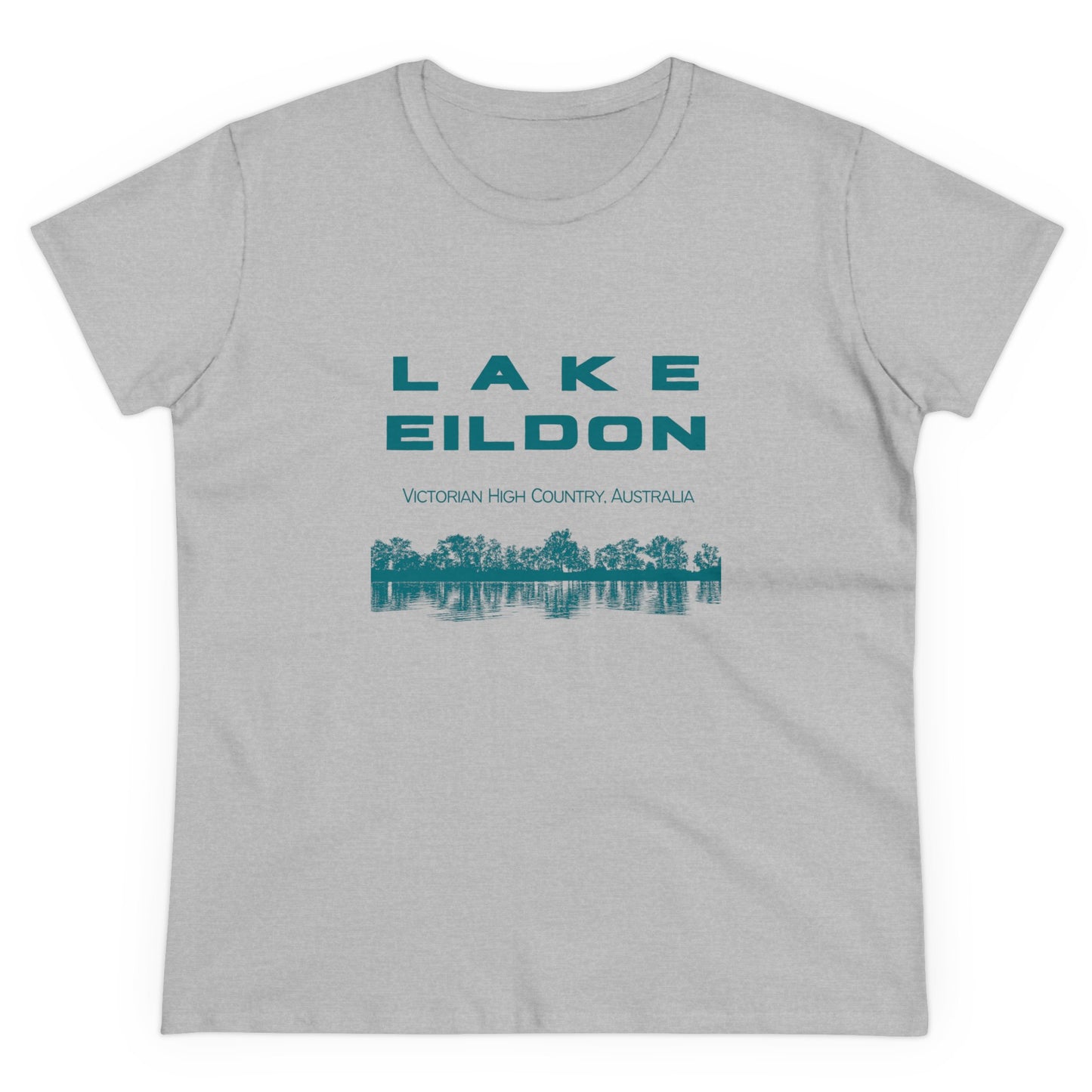 Women's Lake Eildon Reflection T-shirt, Green Print on Grey