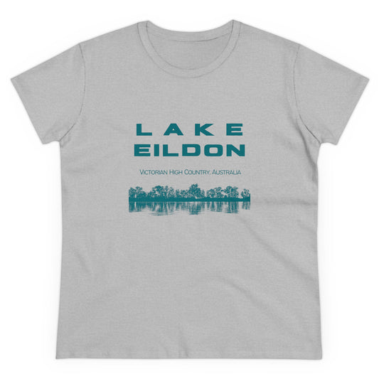 Women's Lake Eildon Reflection T-shirt, Green Print on Grey