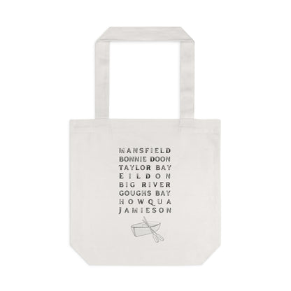 Lake Eildon Locations, Cotton Tote Bag, Black Text on Beige