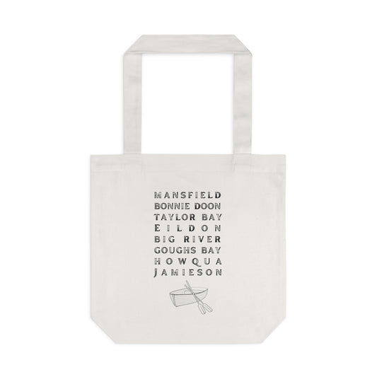 Lake Eildon Locations, Cotton Tote Bag, Black Text on Beige