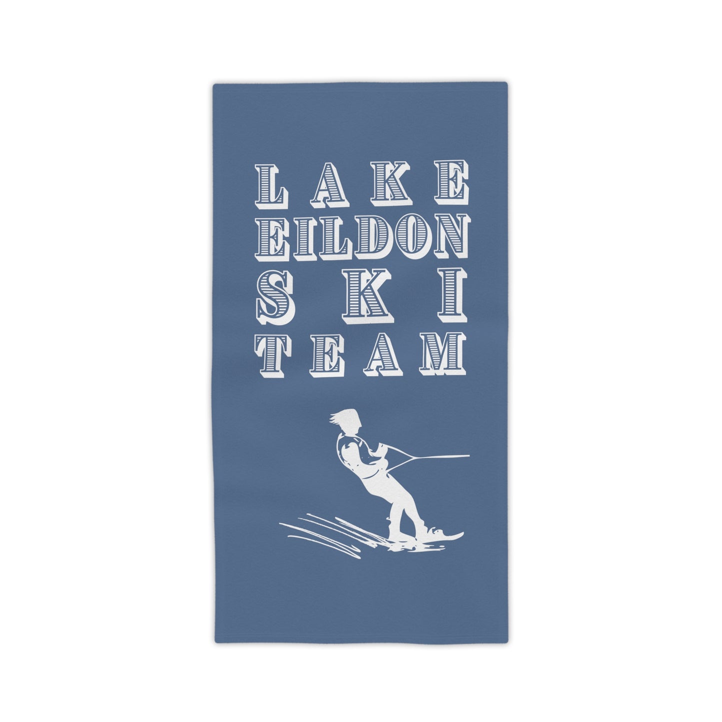 Lake Eildon Waterskiier Beach Towel, Pale Beige on Darker Grey Blue