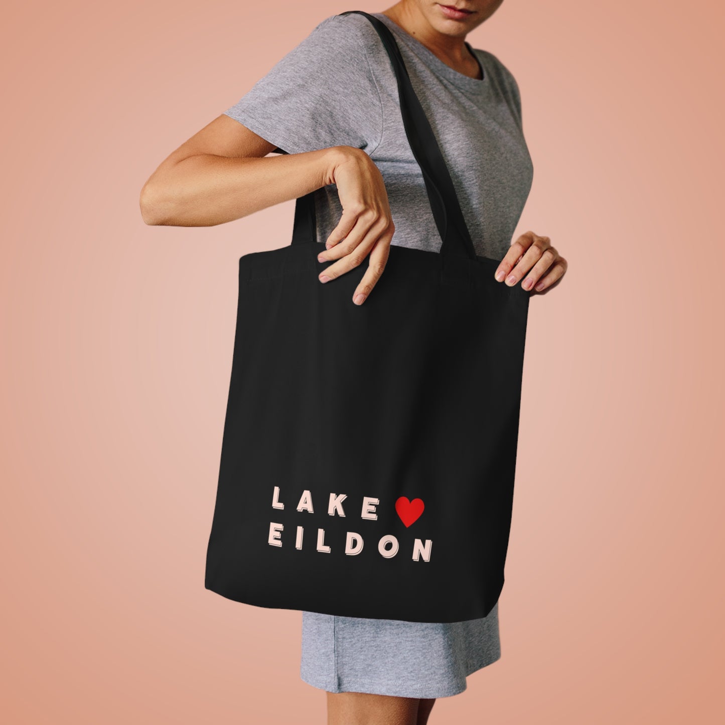 Lake Eildon Love, Cotton Tote Bag, Peach on Black