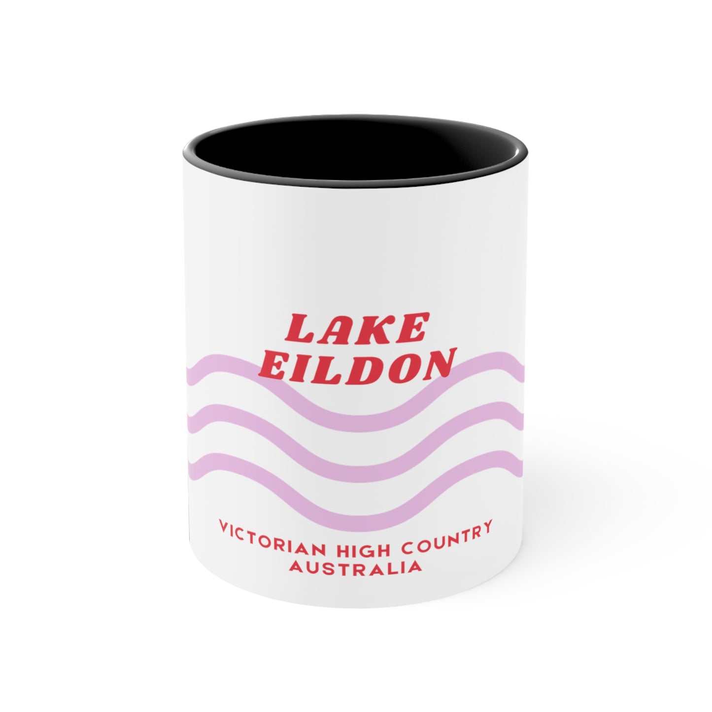 Lake Eildon colour contrast coffee mug, with pink and red wave design