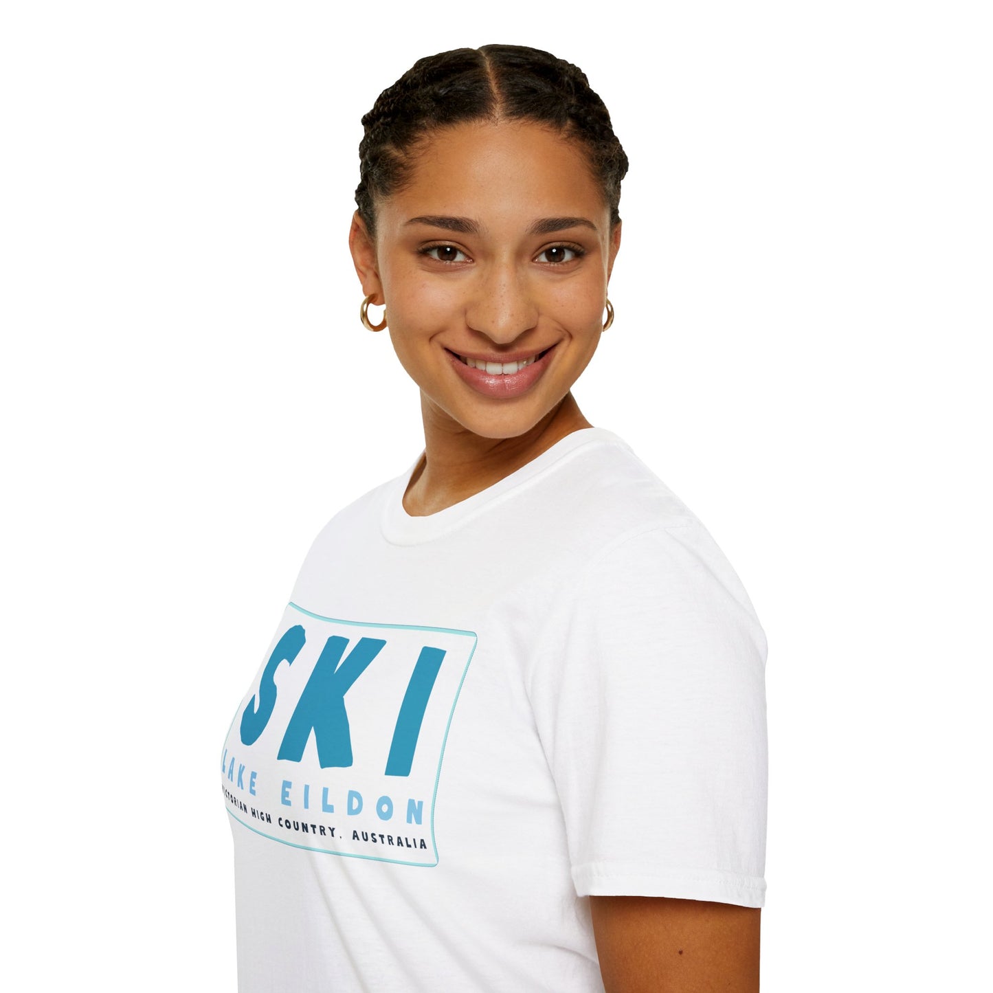 Lake Eildon Ski T-Shirt, Blue Text on White