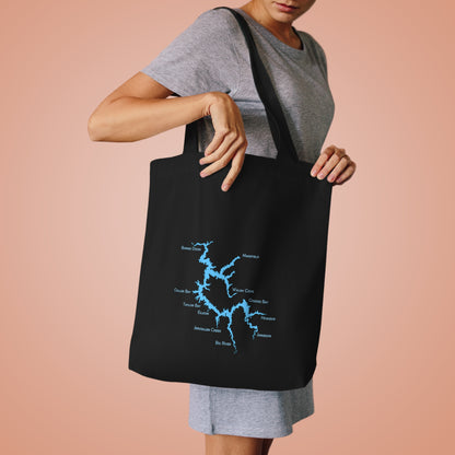 Lake Eildon Map, Cotton Tote Bag, Blue on Black