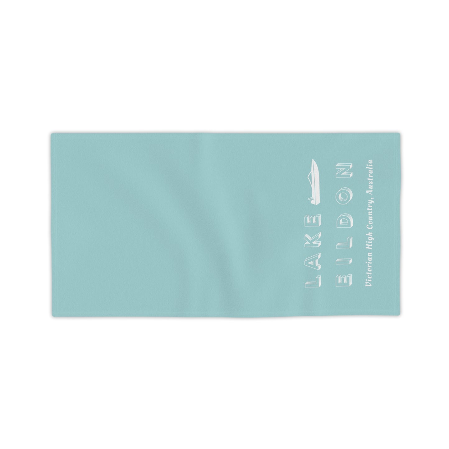 Lake Eildon Ski Boat Beach Towel, Pale Peach on Aqua Blue