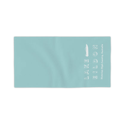 Lake Eildon Ski Boat Beach Towel, Pale Peach on Aqua Blue