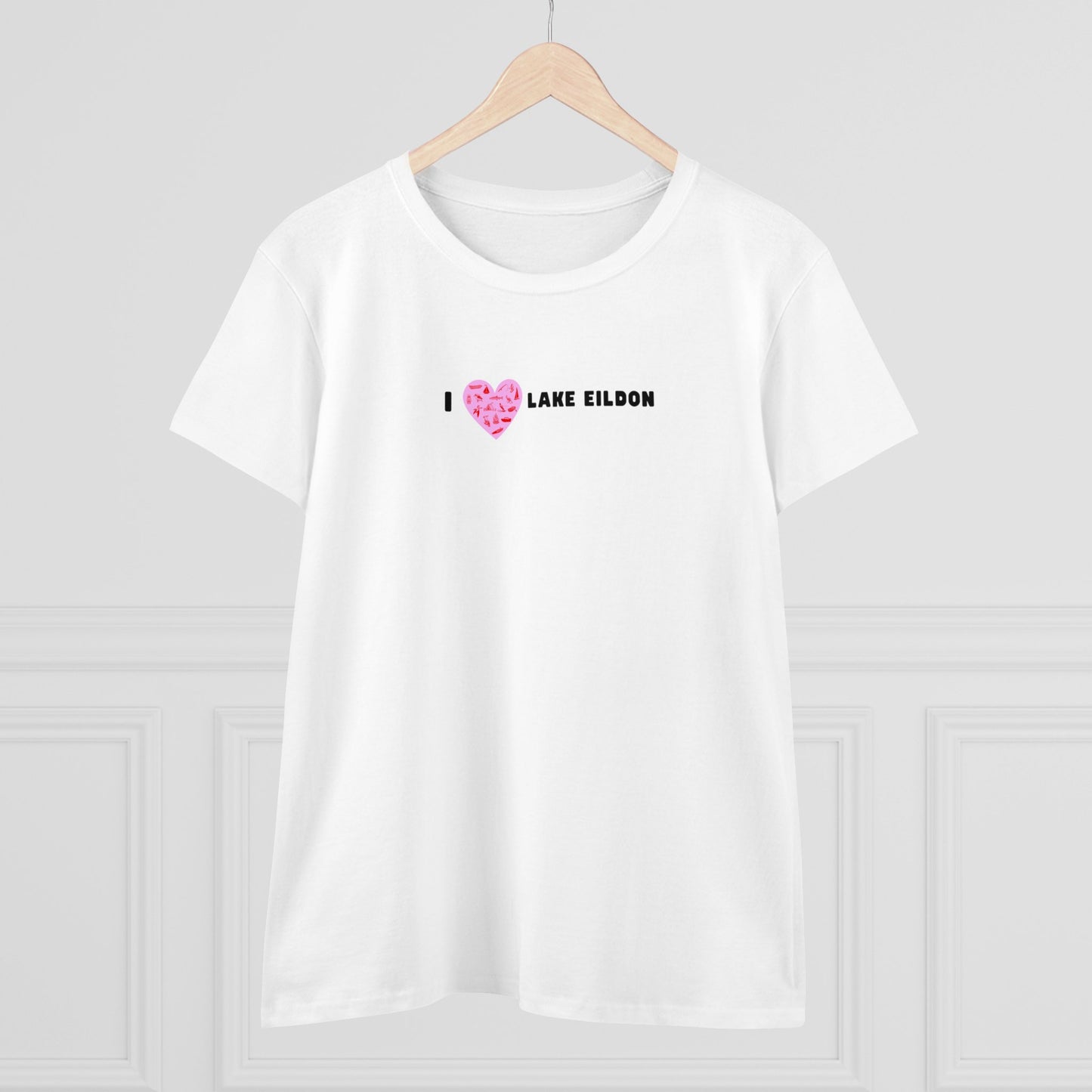 Women's Lake Eildon Heart T-shirt, Pink Heart on White