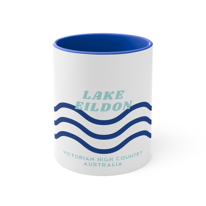 Lake Eildon colour contrast coffee mug, with navy and blue wave design