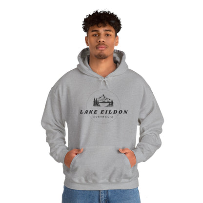 Lake Eildon Hoodie, Lake Scene in Black on Grey