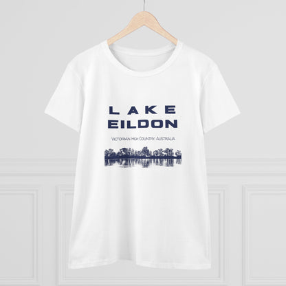 Women's Lake Eildon Reflection T-shirt, Navy Print on White