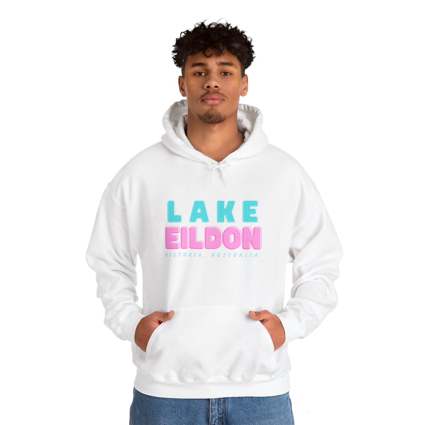 Lake Eildon Hoodie, Pastel Pink and Blue on White