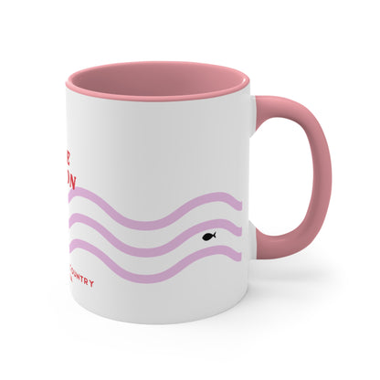 Lake Eildon colour contrast coffee mug, with pink and red wave design