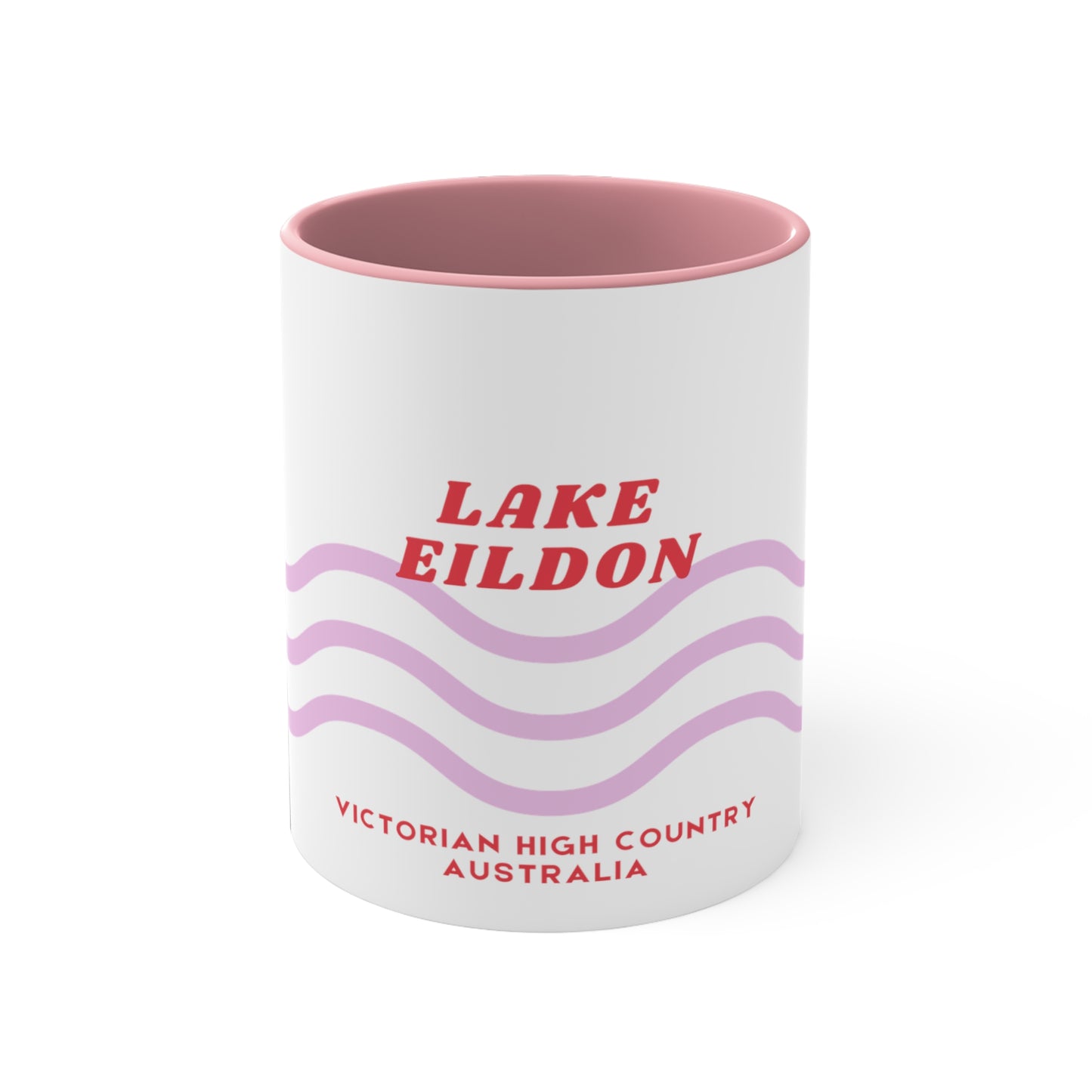 Lake Eildon colour contrast coffee mug, with pink and red wave design