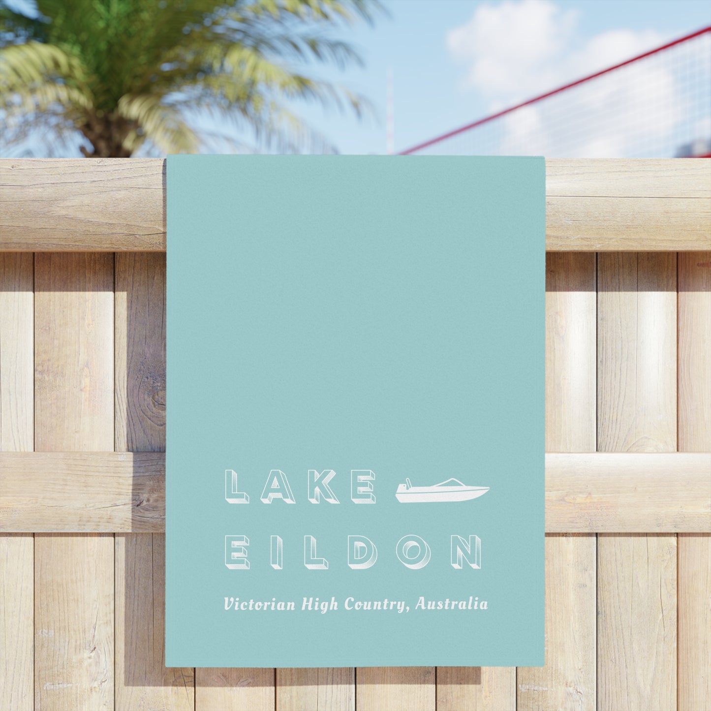 Lake Eildon Ski Boat Beach Towel, Pale Peach on Aqua Blue