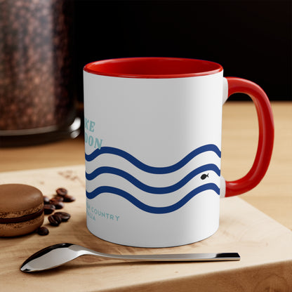 Lake Eildon colour contrast coffee mug, with navy and blue wave design