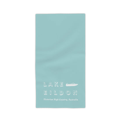 Lake Eildon Ski Boat Beach Towel, Pale Peach on Aqua Blue