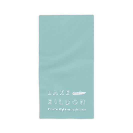 Lake Eildon Ski Boat Beach Towel, Pale Peach on Aqua Blue