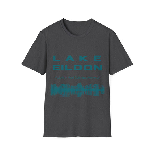 Lake Eildon Reflection T-Shirt, Teal on Dark Heather Grey