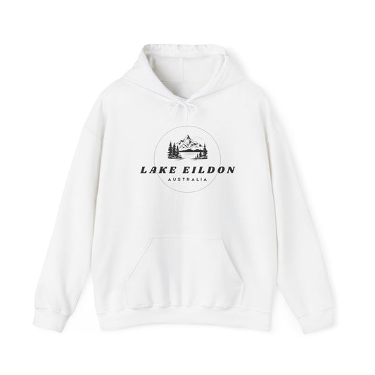 Lake Eildon Hoodie, Lake Scene in Black on White