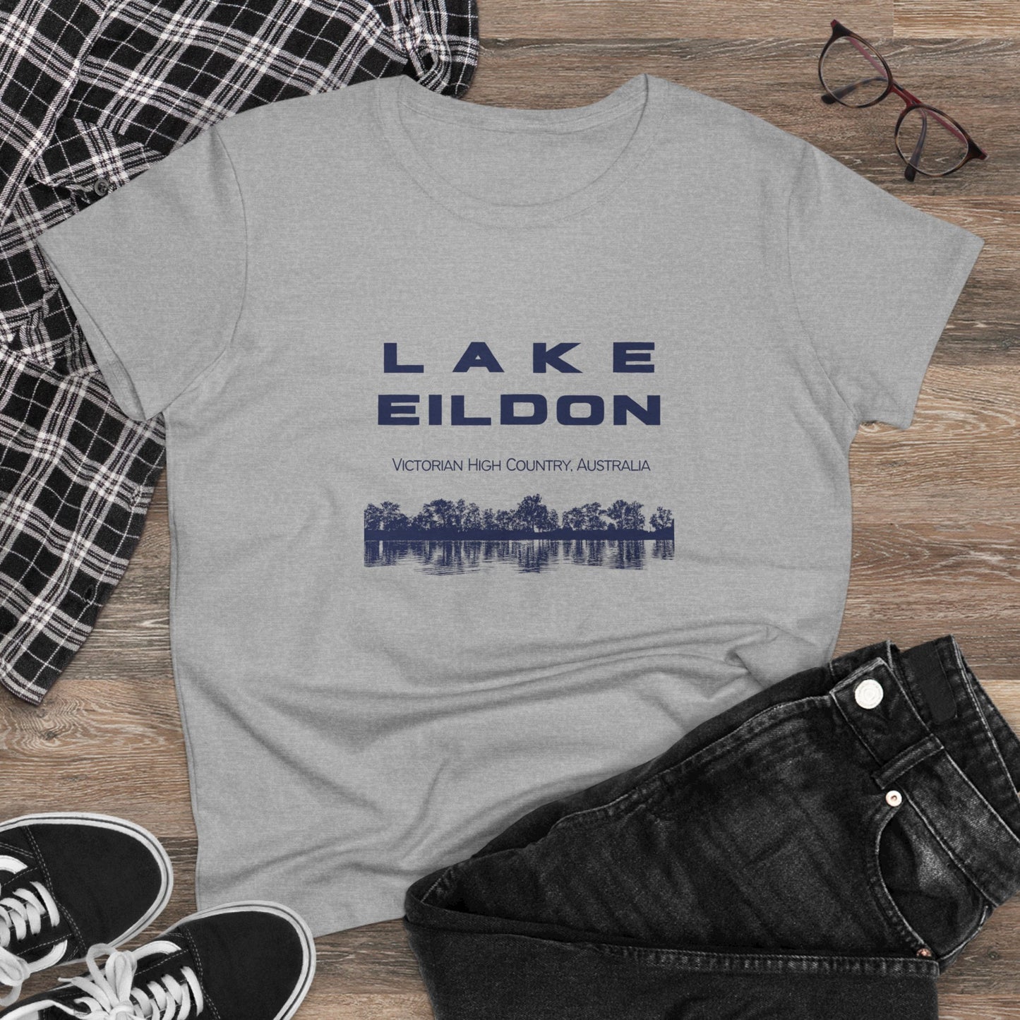 Women's Lake Eildon Reflection T-shirt, Navy Print on Grey