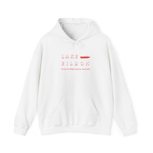 Lake Eildon Ski Boat Hoodie, Red on White