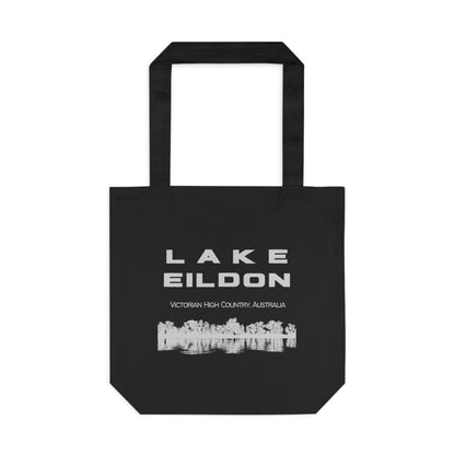 Lake Eildon Reflection, Cotton Tote Bag, Grey on Black