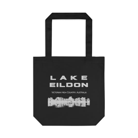 Lake Eildon Reflection, Cotton Tote Bag, Grey on Black