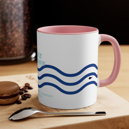 Lake Eildon colour contrast coffee mug, with navy and blue wave design