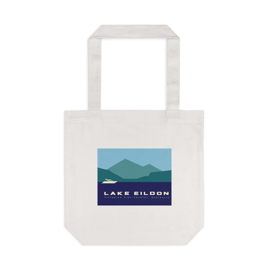 Lake Eildon Boat and Mountains Cotton Tote Bag, Beige