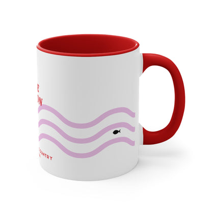 Lake Eildon colour contrast coffee mug, with pink and red wave design