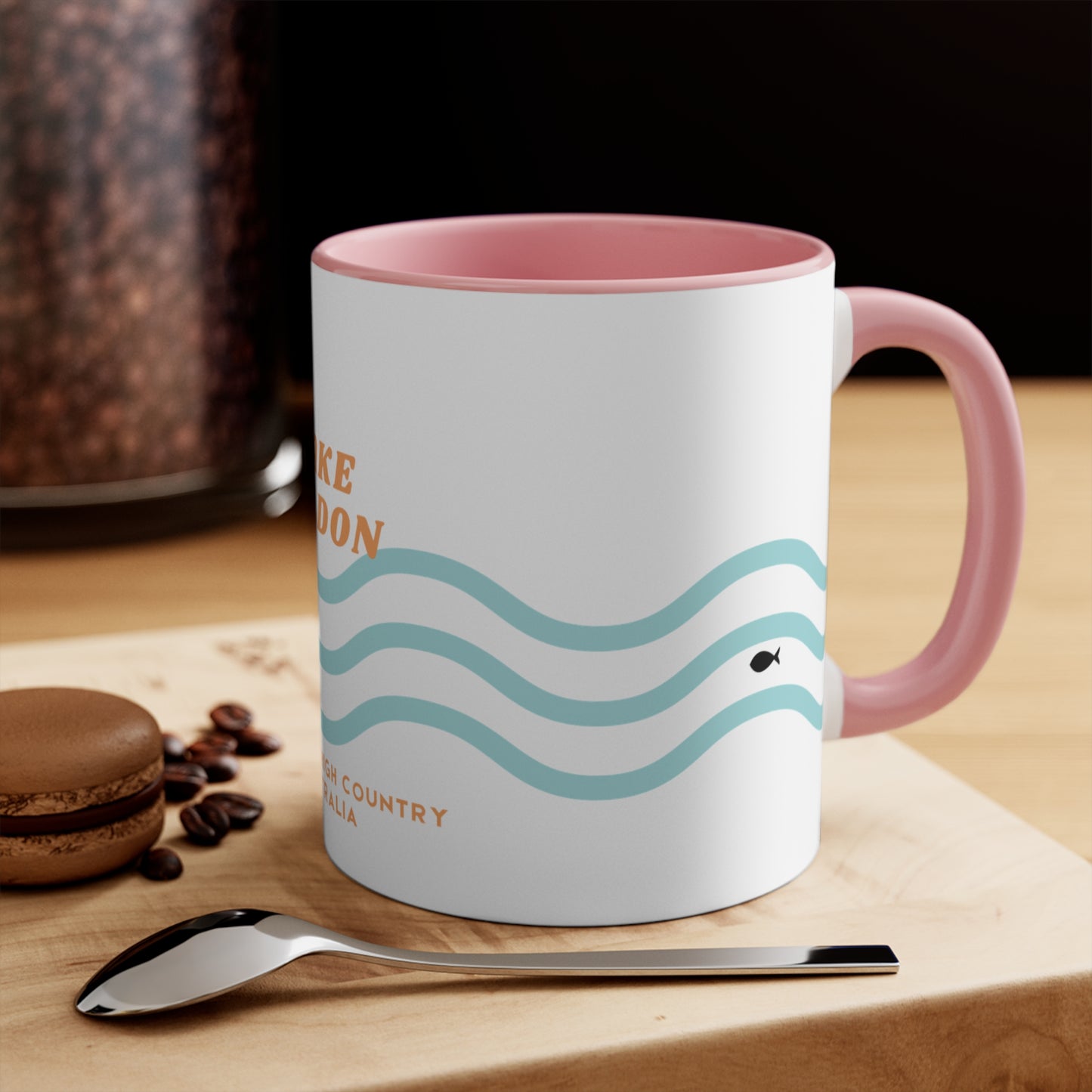 Lake Eildon colour contrast coffee mug, with orange and blue wave design