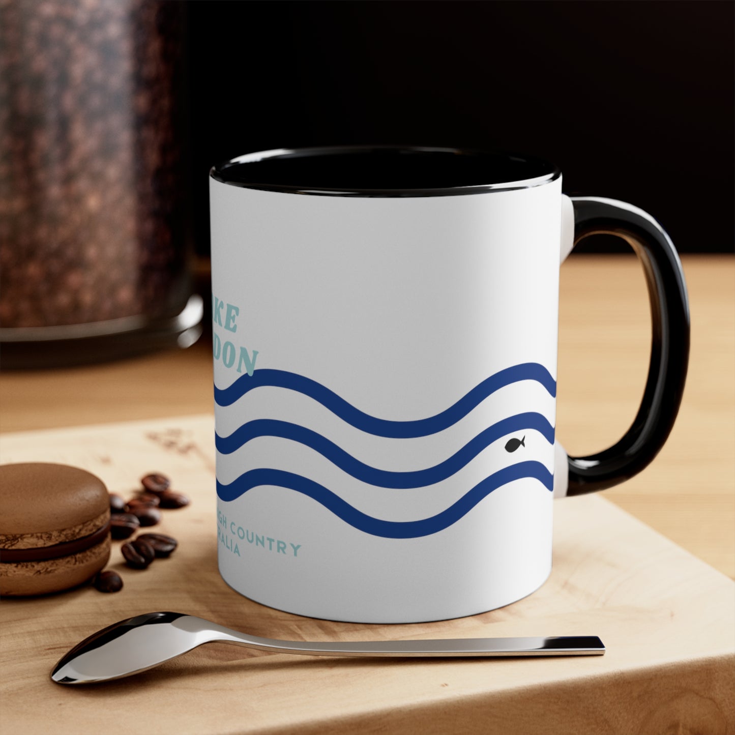 Lake Eildon colour contrast coffee mug, with navy and blue wave design