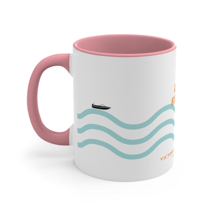 Lake Eildon colour contrast coffee mug, with orange and blue wave design