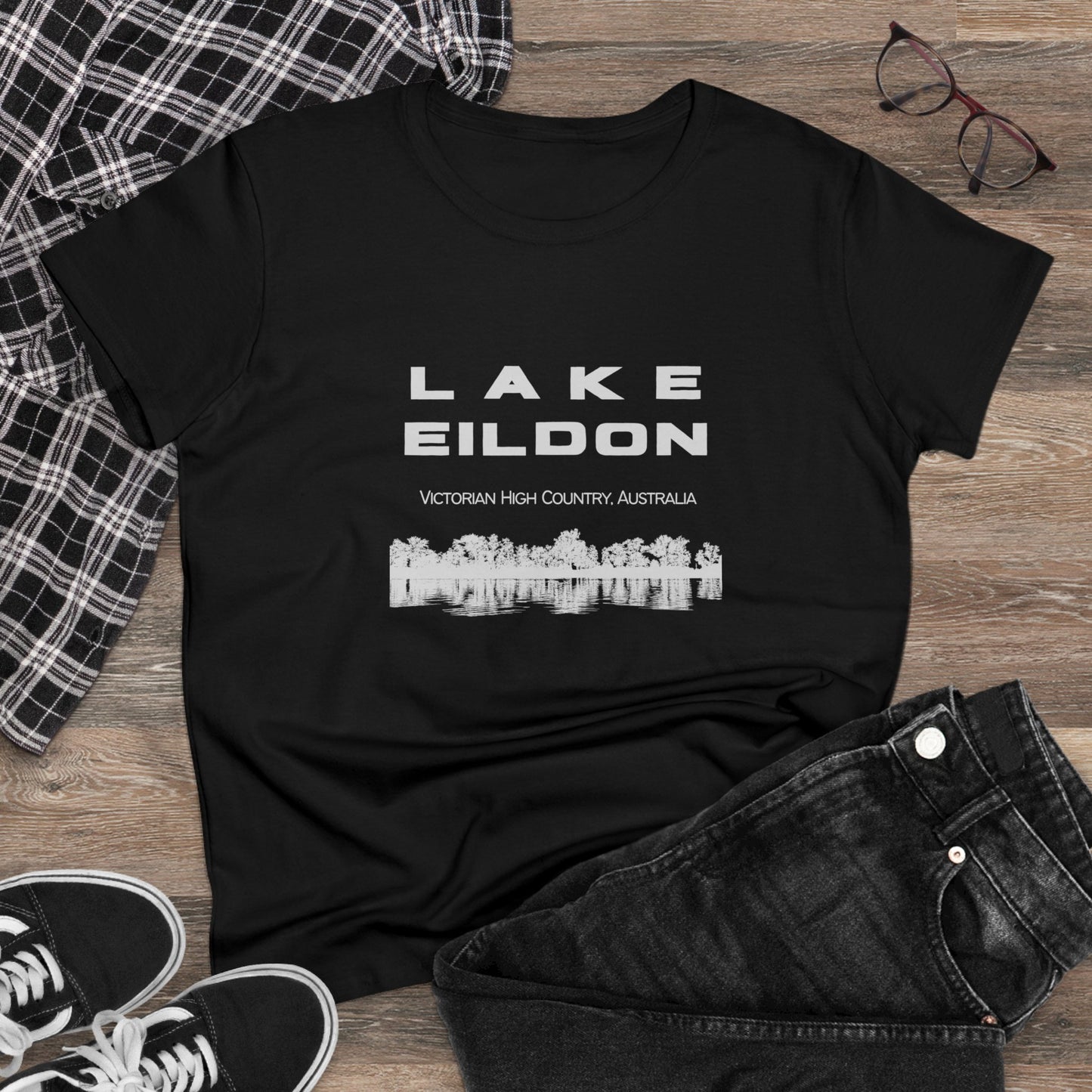 Women's Lake Eildon Reflection T-shirt, White-Grey Print on Black