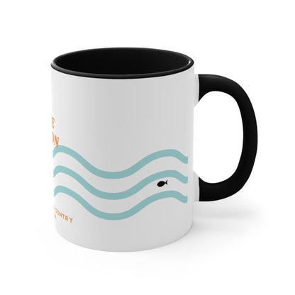 Lake Eildon colour contrast coffee mug, with orange and blue wave design