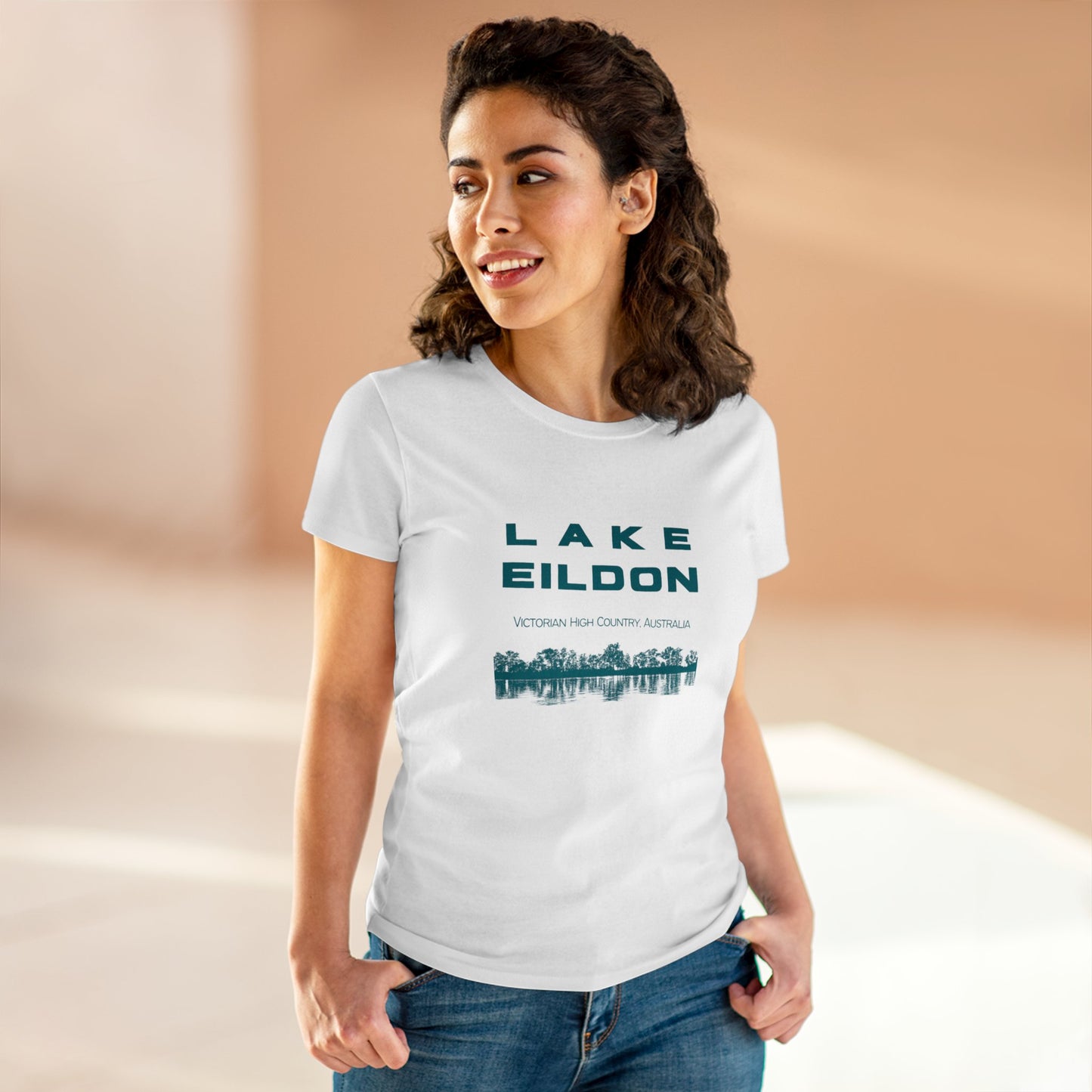 Women's Lake Eildon Reflection T-shirt, Green Print on White