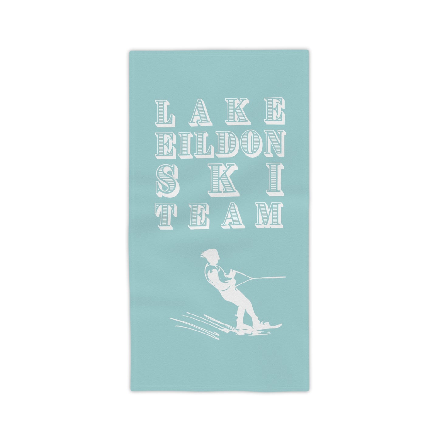 Lake Eildon Waterskiier Beach Towel, Pale Beige on Aqua Blue