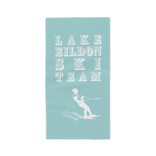 Lake Eildon Waterskiier Beach Towel, Pale Beige on Aqua Blue