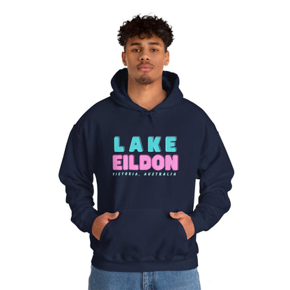 Lake Eildon Hoodie, Pastel Pink and Blue on Navy