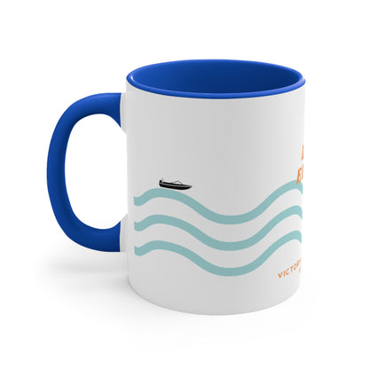 Lake Eildon colour contrast coffee mug, with orange and blue wave design