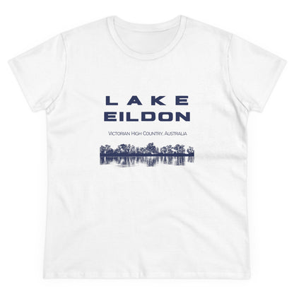 Women's Lake Eildon Reflection T-shirt, Navy Print on White