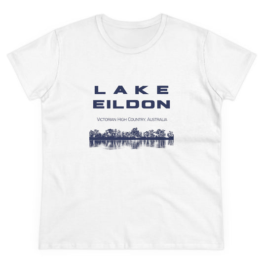 Women's Lake Eildon Reflection T-shirt, Navy Print on White